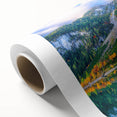 Art deco poster of a serene Austrian landscape in muted green and blue tones on rolled canvas, ideal for nursery wall art.