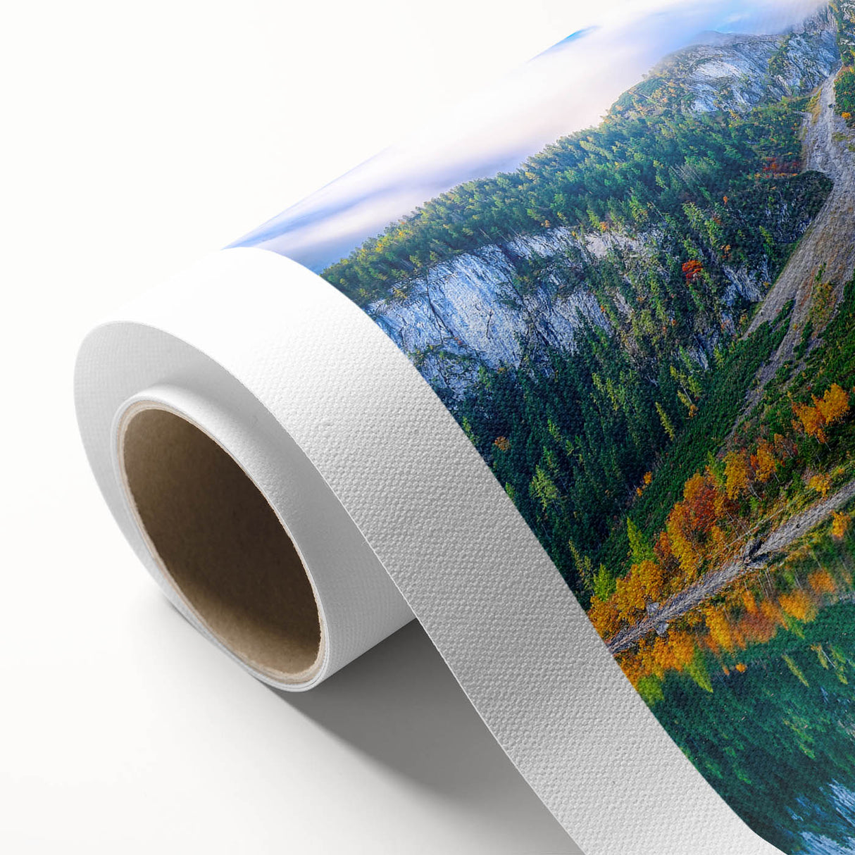 Art deco poster of a serene Austrian landscape in muted green and blue tones on rolled canvas, ideal for nursery wall art.