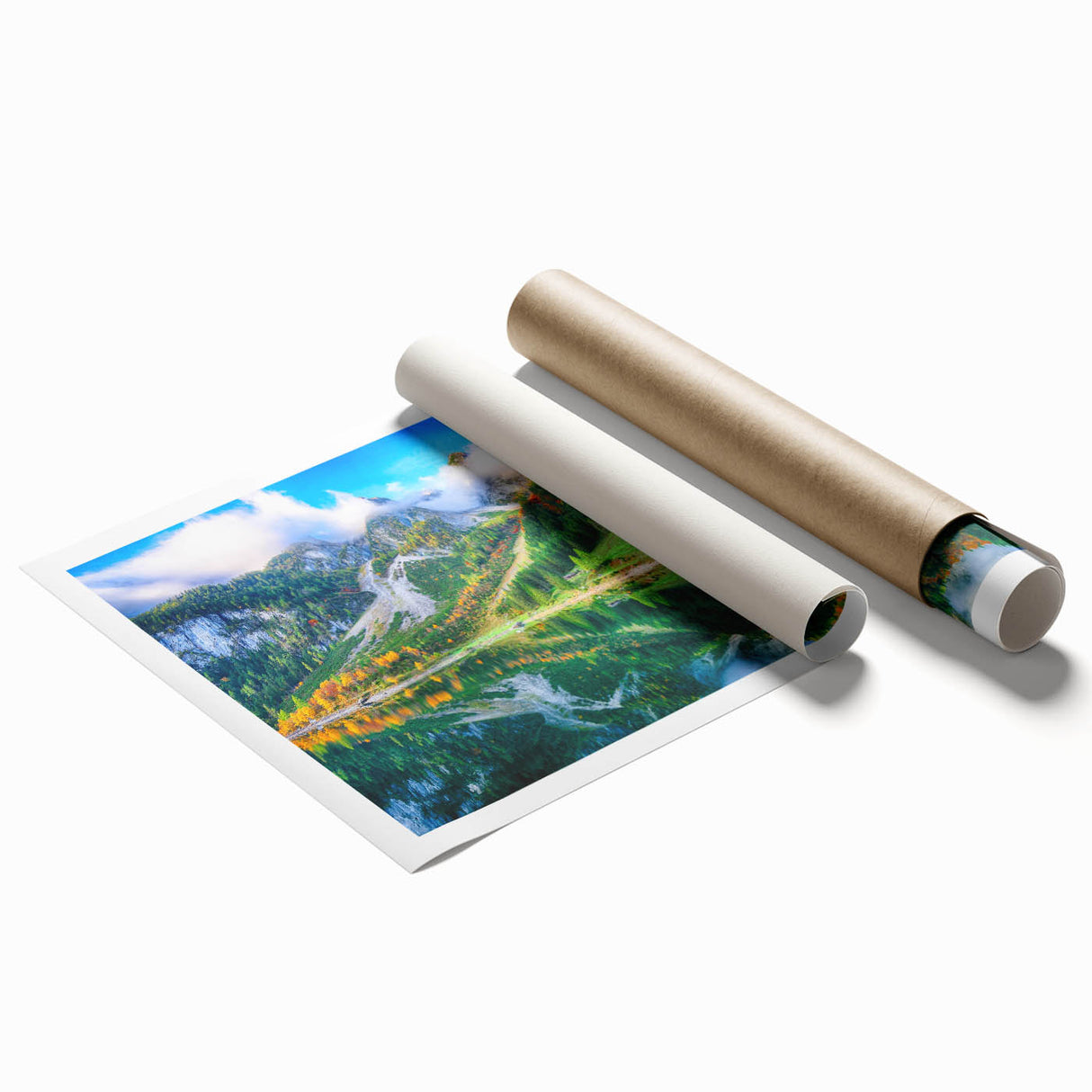 Extra large rolled print of an Austrian landscape featuring muted green and earth tones, ideal for classy bathroom wall art.
