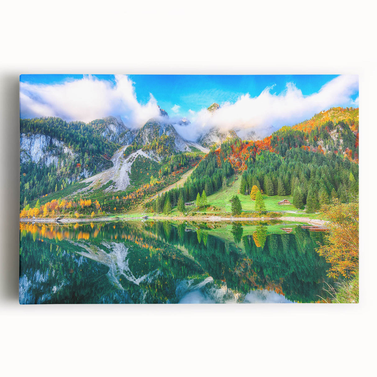 Black and white photograph of an Austrian landscape on stretched canvas, suitable as large kitchen wall art.