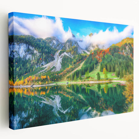 Side view of a stretched canvas featuring a scenic European landscape in muted earth tones, ideal for kitchen wall art.