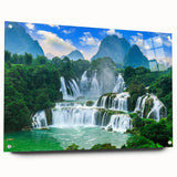 Acrylic print of a Croatian landscape in soft blue and green tones, suitable for dining room decor.