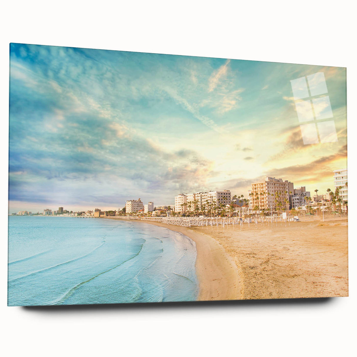 Large abstract wall art of a European Cyprus landscape in muted earth tones on acrylic glass.