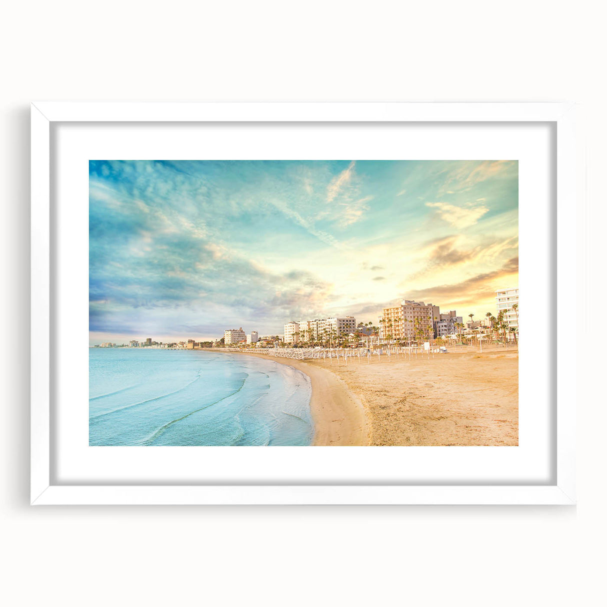 Textured abstract art print of a European Cyprus landscape in muted earth tones, framed with a white mat.