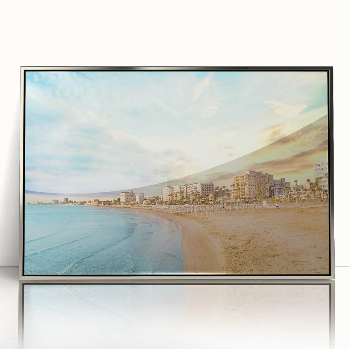 Acrylic print of a scenic Cyprus landscape in muted earth tones, framed in silver, suitable for modern art wall decor.