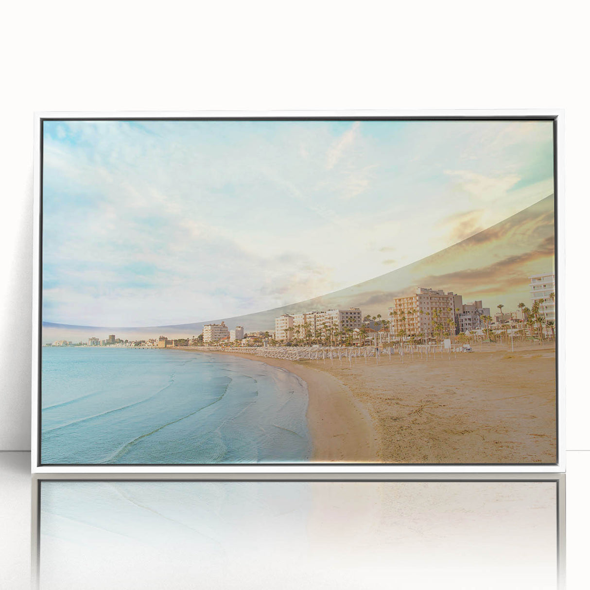 Mid-century modernist art depicting a serene European landscape on white framed acrylic, suitable for nursery wall art.