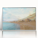 Mid-century modernist art depicting a serene European landscape on white framed acrylic, suitable for nursery wall art.