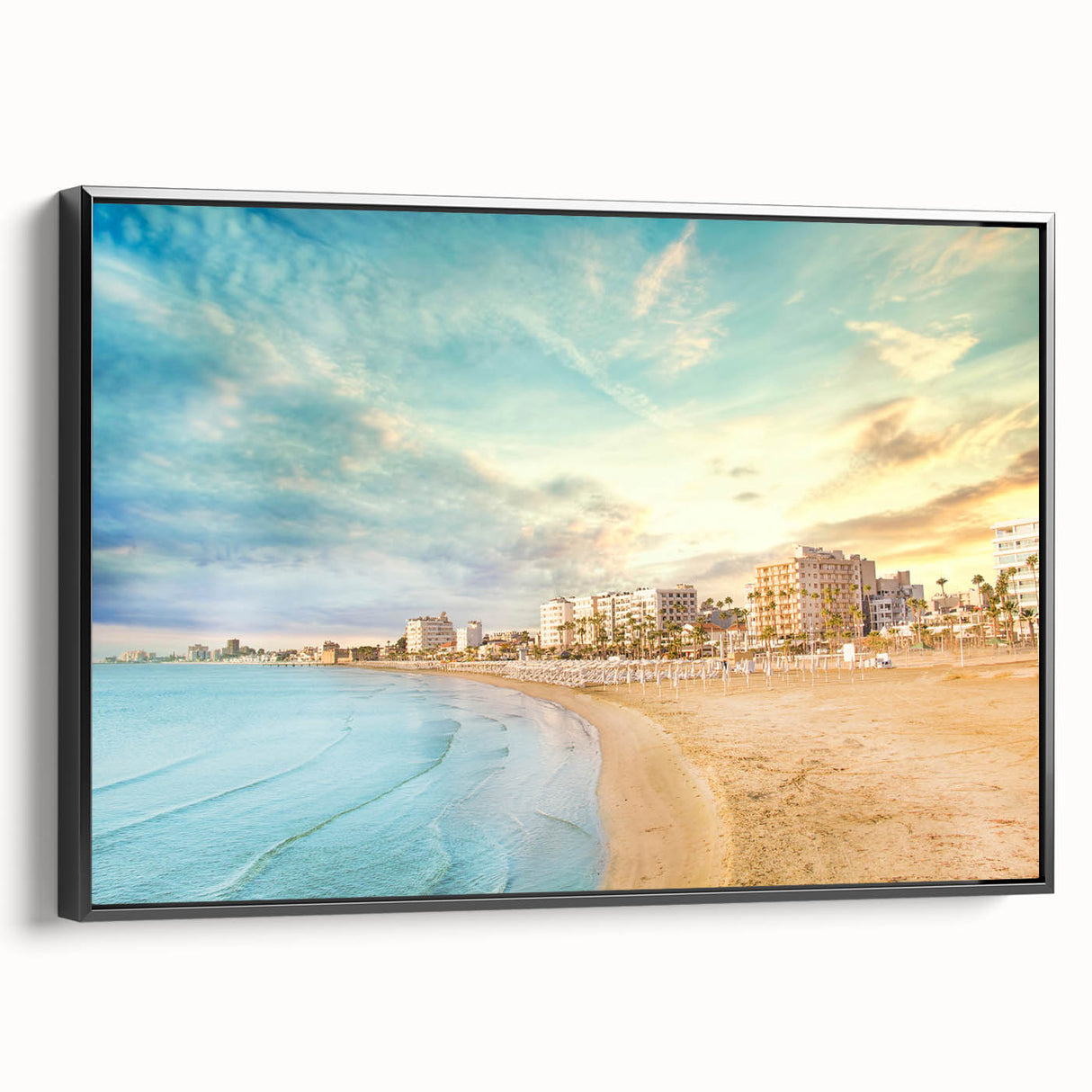 Black and white landscape art painting of a European Cyprus scene on framed canvas, suitable for bedroom decor.