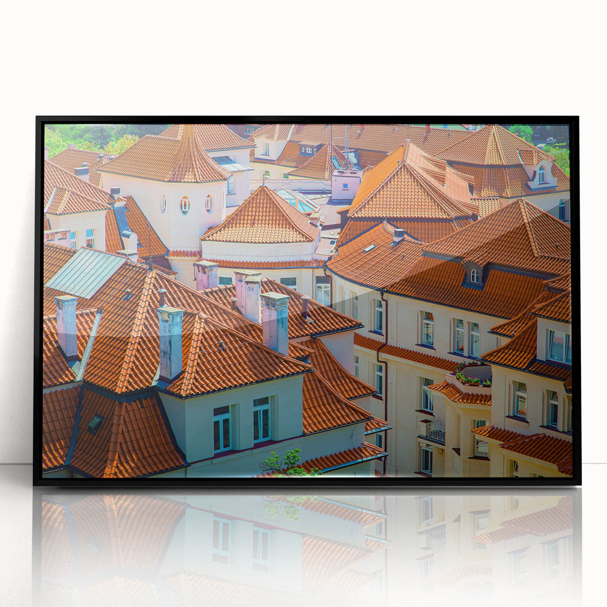 Large abstract wall art of Prague in muted gray tones, acrylic print in a black frame, suited for modern art wall decor.