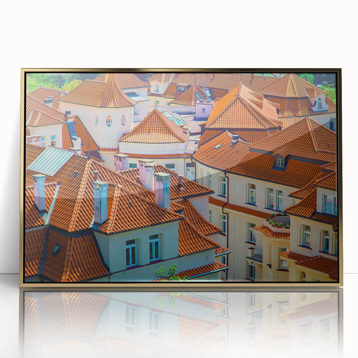 Art Deco style poster of Prague skyline in muted gold and black tones, framed acrylic, suitable for modern art wall decor.