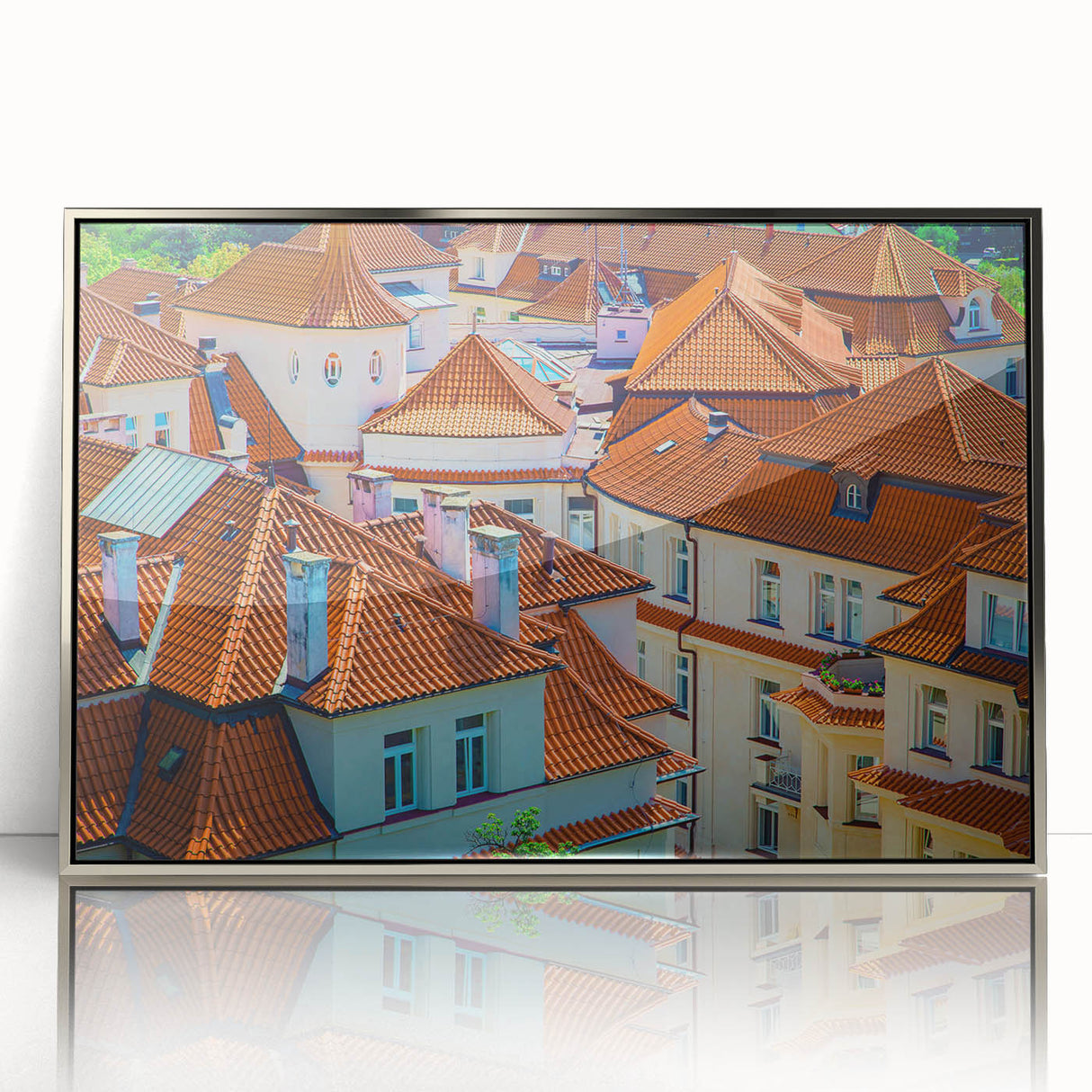 Large art print of Prague cityscape in muted colors on acrylic, framed in silver, suitable for modern art wall decor.