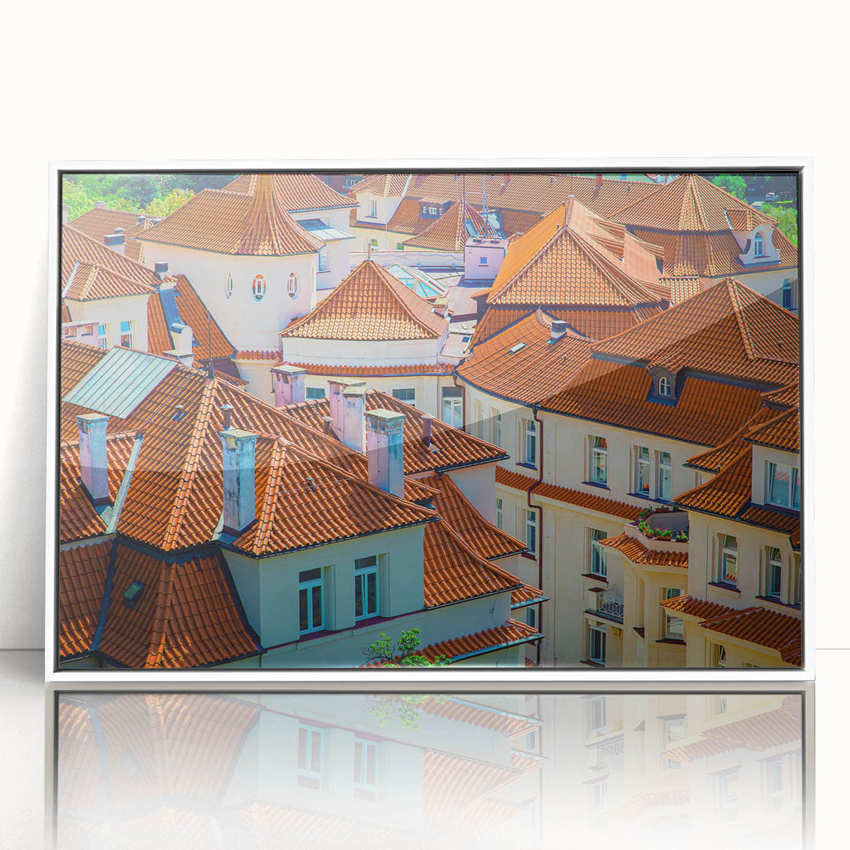 Mid-century modernist art of Prague skyline in muted colors on a framed acrylic, suitable for nursery wall art.