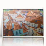 Mid-century modernist art of Prague skyline in muted colors on a framed acrylic, suitable for nursery wall art.