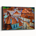 Black and white framed canvas of Prague landscape in vintage poster style, ideal for bedroom wall art.