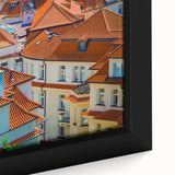 Extra large framed canvas featuring a textured black depiction of Prague with colorful accents, ideal for living room decor.