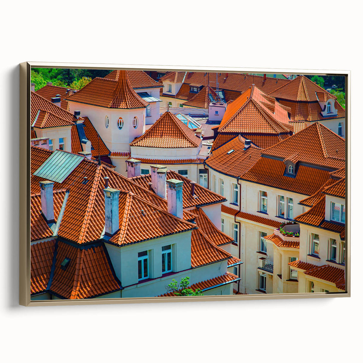 Framed canvas of a vintage Prague landscape in black and gold tones, ideal for bedroom wall art.
