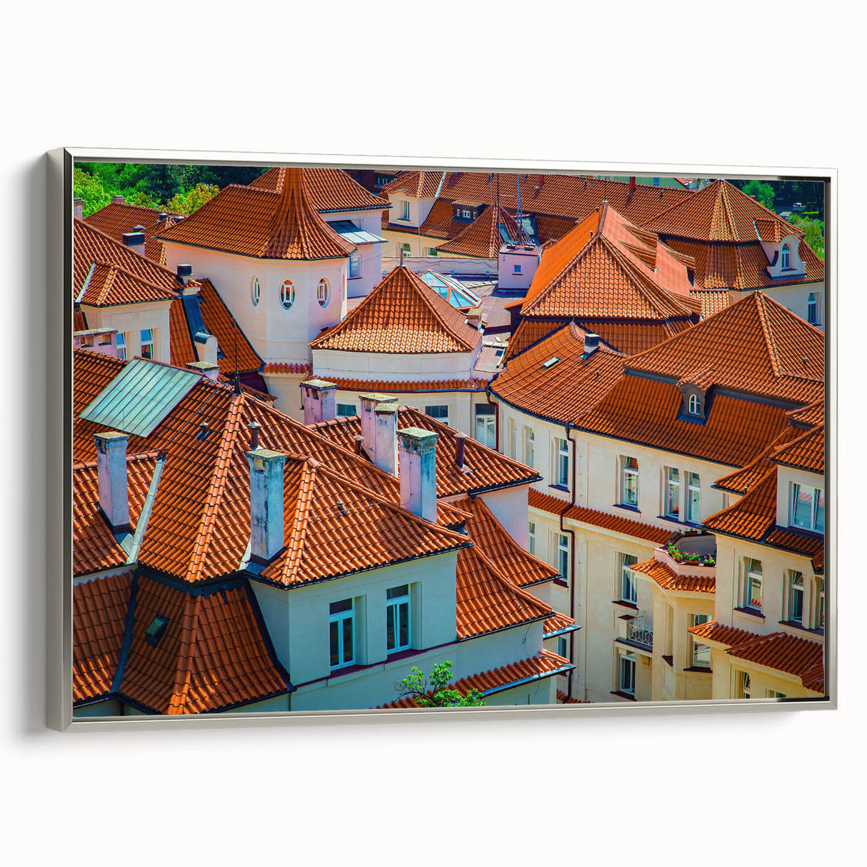 Landscape art painting of Prague with colorful palette on framed canvas, ideal for living room decor.