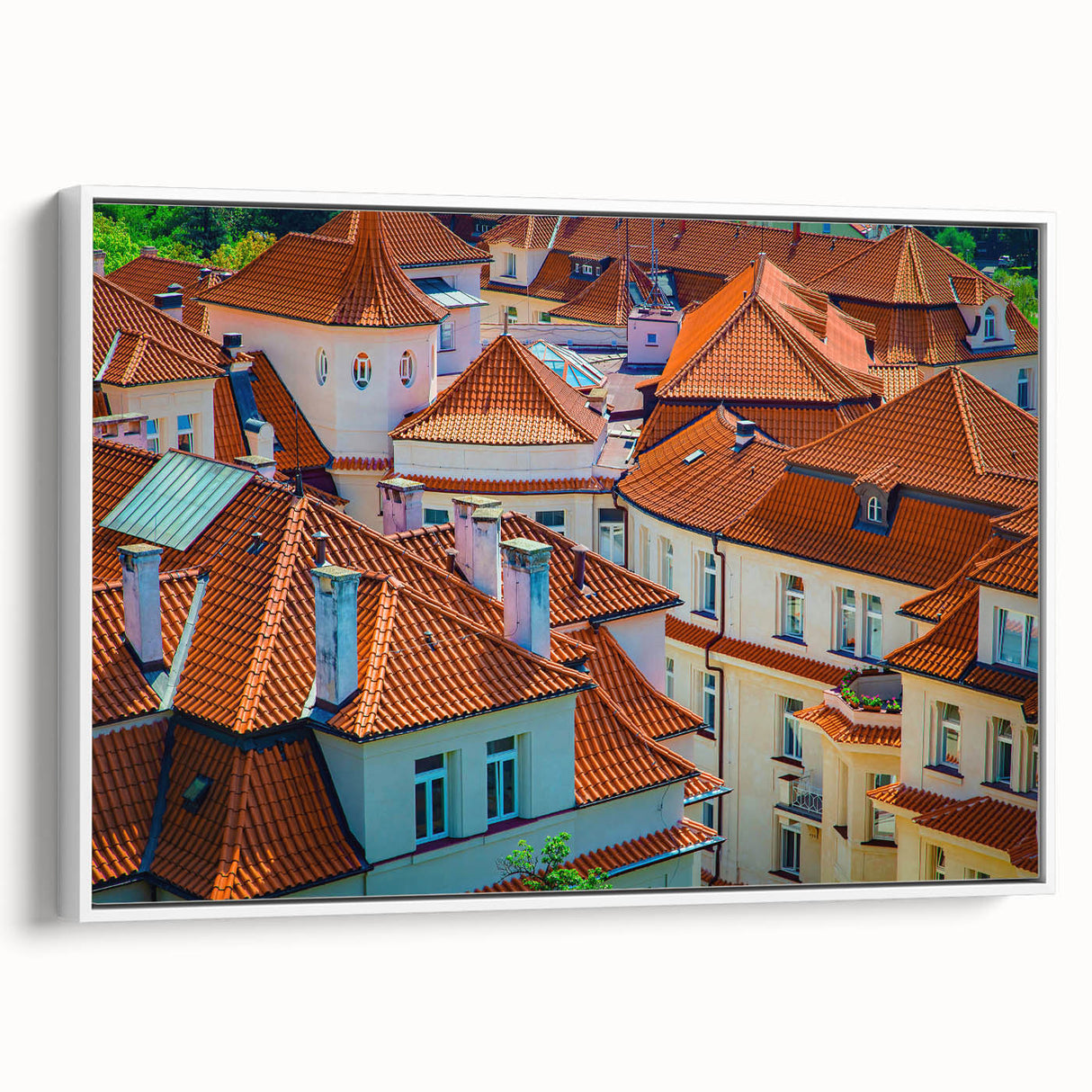 Framed canvas of vintage poster art featuring Prague scenery in vibrant colors, ideal for living room decor.
