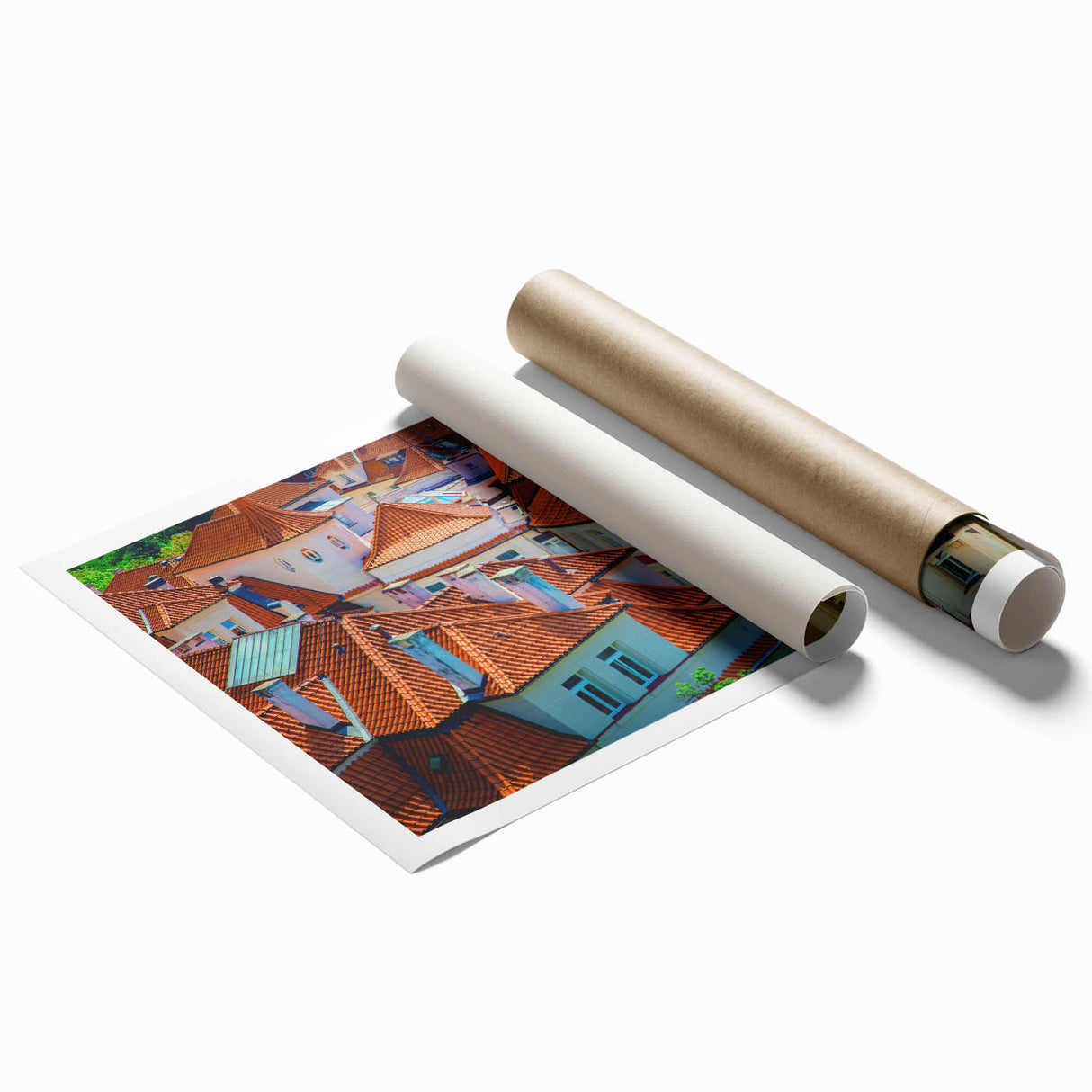 Extra large rolled print of Prague scenery in muted watercolor tones, ideal for classy bathroom wall art.