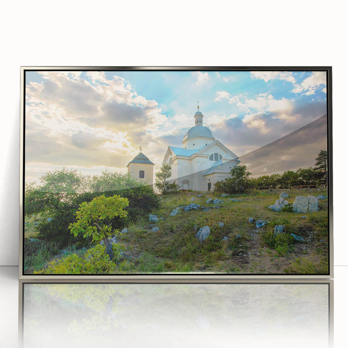 Large art print of a Czech Republic scenery in muted earth tones on a silver-framed acrylic, ideal for modern art wall decor.