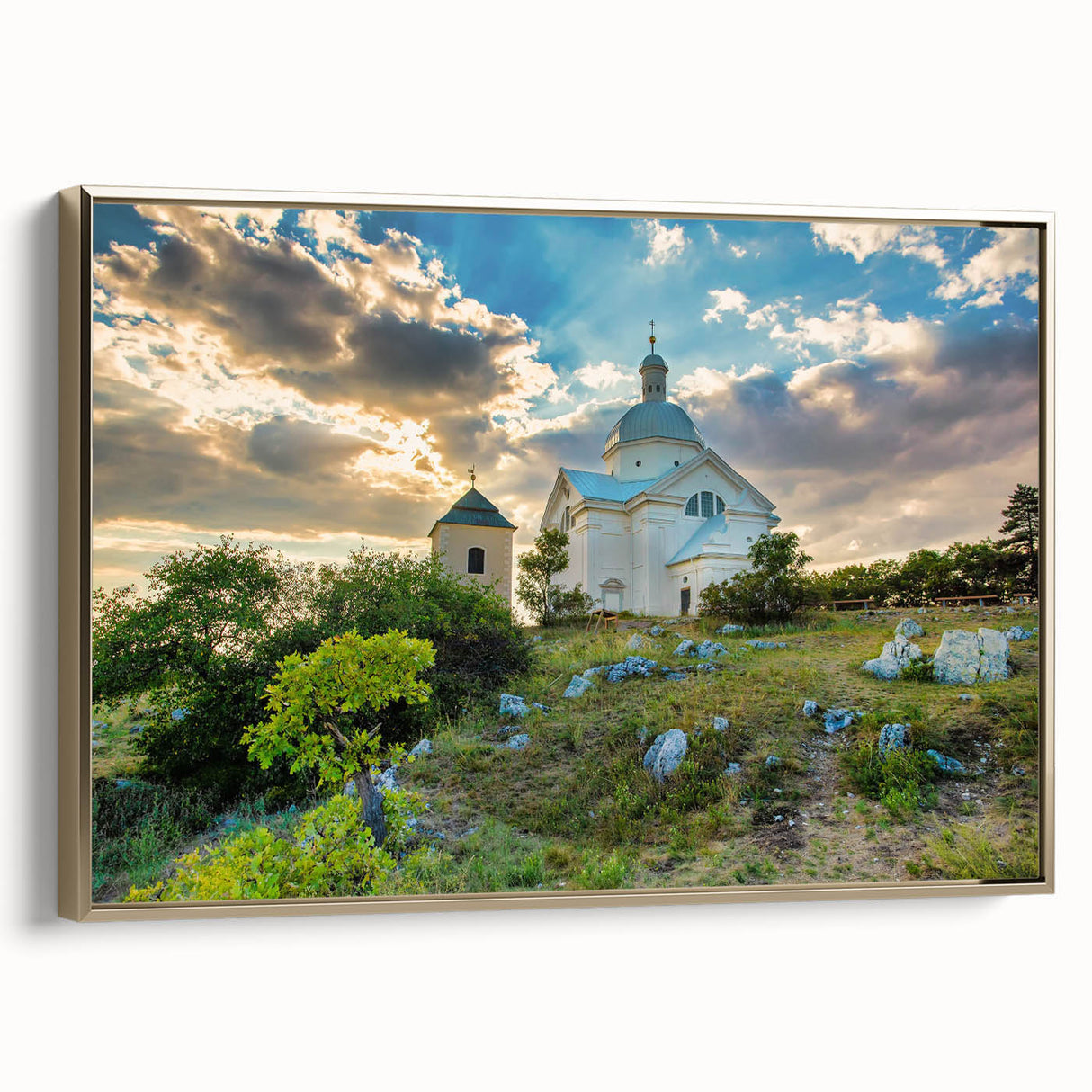 Framed canvas depicting a vintage-style Czech Republic landscape in muted gold and black tones, suitable for bedroom decor.