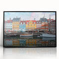 Large abstract wall art featuring a mid-century modernist style European scenery in muted earth tones.