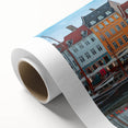 Art deco poster of a serene Danish landscape in pastel hues on rolled canvas, ideal for nursery wall art.