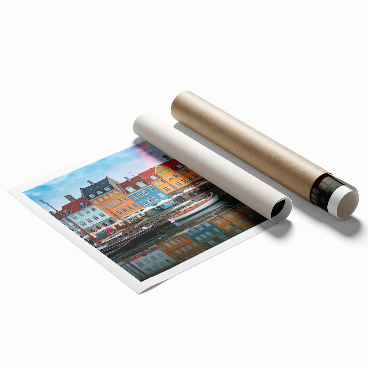 Extra large rolled print of a Danish landscape featuring soft floral elements in muted earth tones.