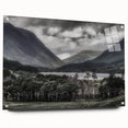 Acrylic print of Cumbria landscape with green fields and distant mountains, in muted earth tones.