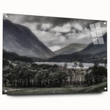 Acrylic print of Cumbria landscape with green fields and distant mountains, in muted earth tones.