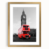 Abstract art print of London scenery in muted gray and gold tones, framed with a gold mat, suitable for dining room decor.