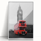 Mid-century modernist art depicting London scenery in muted colors on a framed acrylic, ideal for nursery wall art.