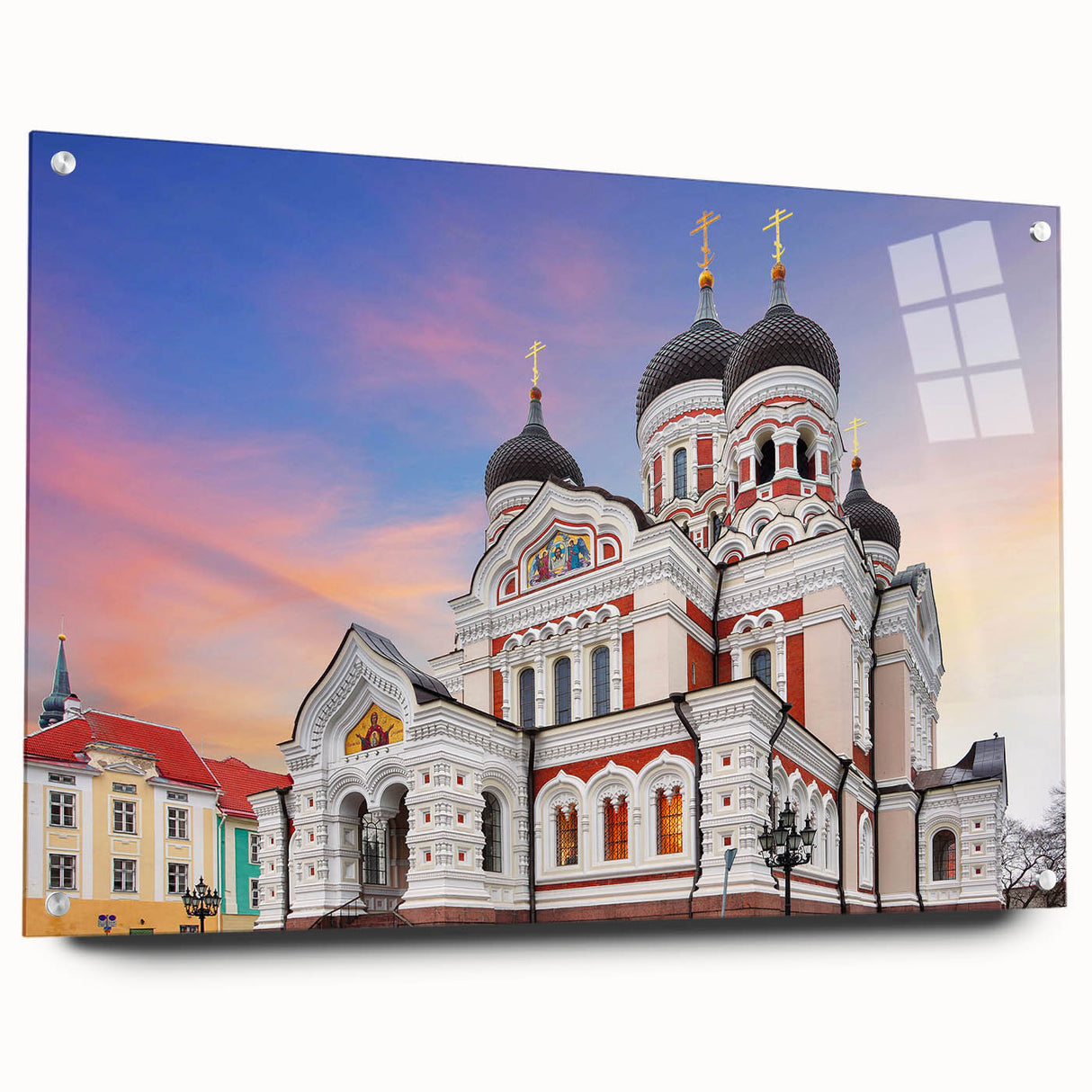 Large abstract wall art of a European scenery in Estonia, displayed on acrylic glass, ideal for modern dining room ambiance.