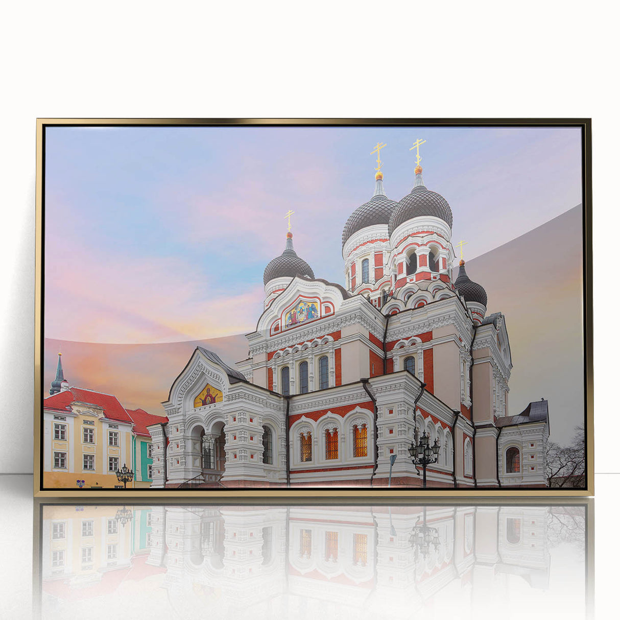 Art deco poster of a serene European landscape in muted gold and green tones, framed in acrylic.