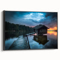 Framed canvas depicting a black and white vintage landscape of a European town, ideal for bedroom wall art.