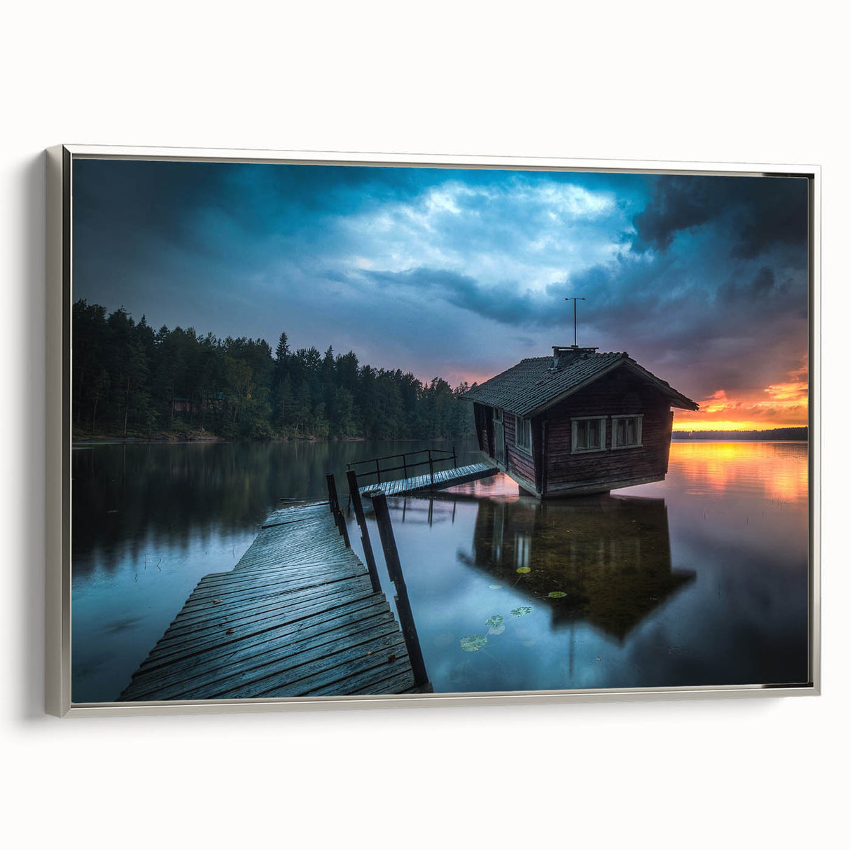 Framed canvas of a vintage European landscape painting featuring colorful art with dominant black tones.
