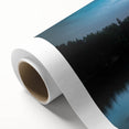 Art Deco poster of a serene Finnish landscape in soft blues and greens on a rolled canvas, ideal for nursery wall art.