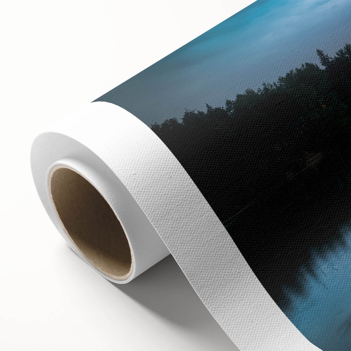 Art Deco poster of a serene Finnish landscape in soft blues and greens on a rolled canvas, ideal for nursery wall art.