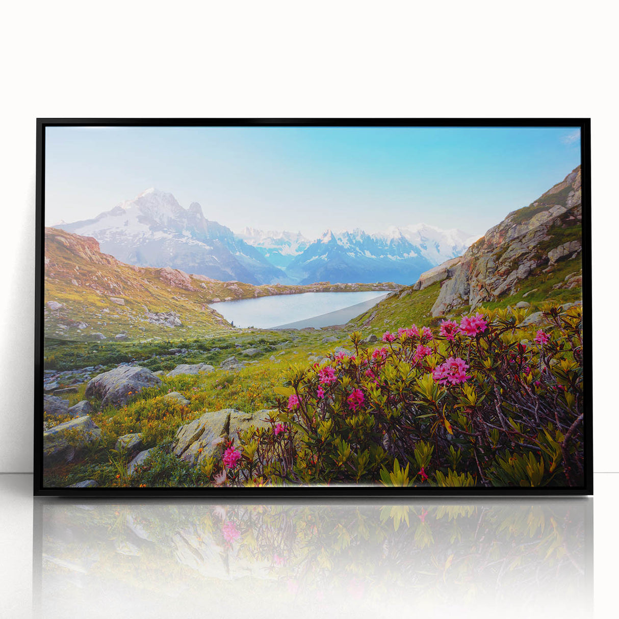 Large abstract wall art of the French Alps in black and white tones on framed acrylic, perfect for modern living room decor.