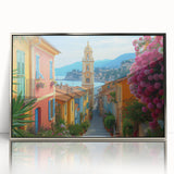 Mid-century modernist art of Nice, France cityscape in muted pastel shades on a framed acrylic print.