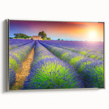 Landscape art painting of Provence featuring colorful fields and a vintage poster style, framed in silver.