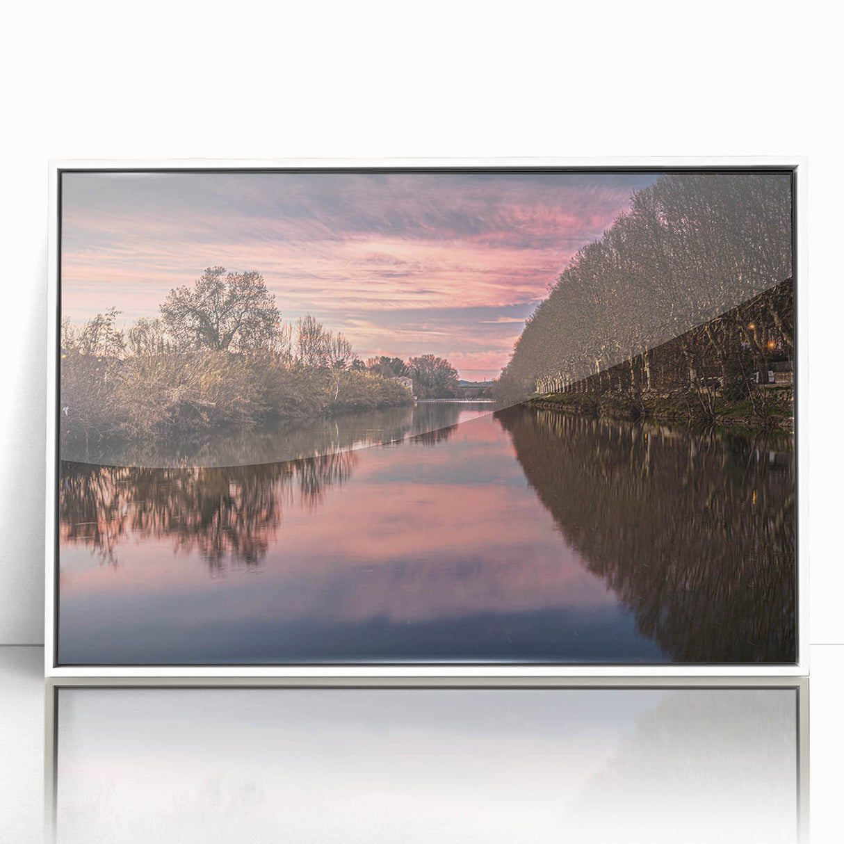 Mid-century modernist art depicting a serene French southern landscape in muted earth tones on a framed acrylic panel.