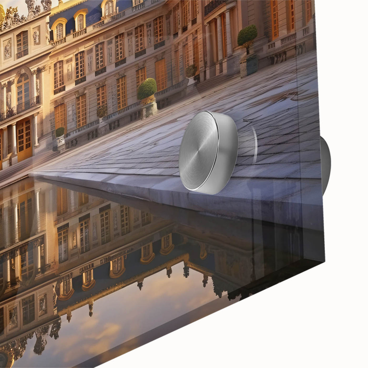 Mid-century modernist art of Versailles in muted earth tones on acrylic glass, suitable for dining room art.