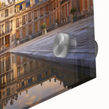 Mid-century modernist art of Versailles in muted earth tones on acrylic glass, suitable for dining room art.