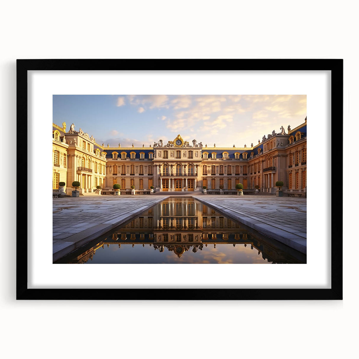 Extra large abstract art print of Versailles scenery in vibrant, colorful hues on a textured canvas, framed in black.