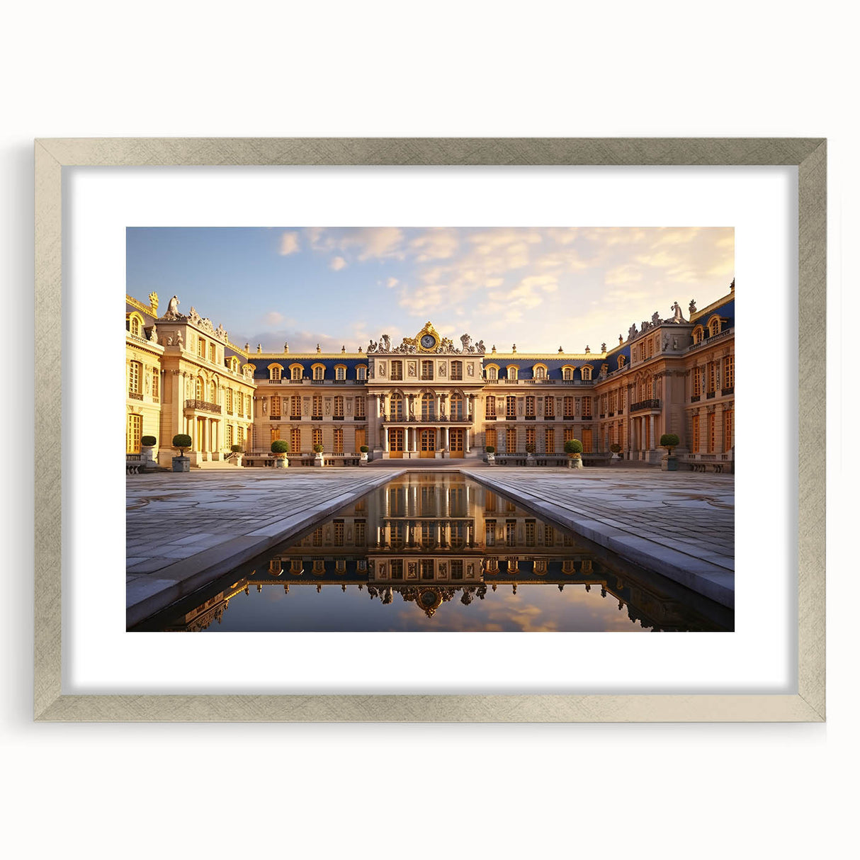 Extra large wall art depicting an abstract interpretation of the Versailles scenery in textured gray tones.