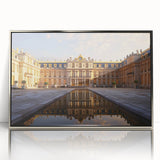 Mid-century modernist acrylic print of Versailles gardens in muted green and blue tones, ideal for modern art wall decor.