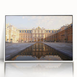 Mid-century modernist art depicting the Versailles scenery in muted tones on a framed acrylic, ideal for nursery wall art.