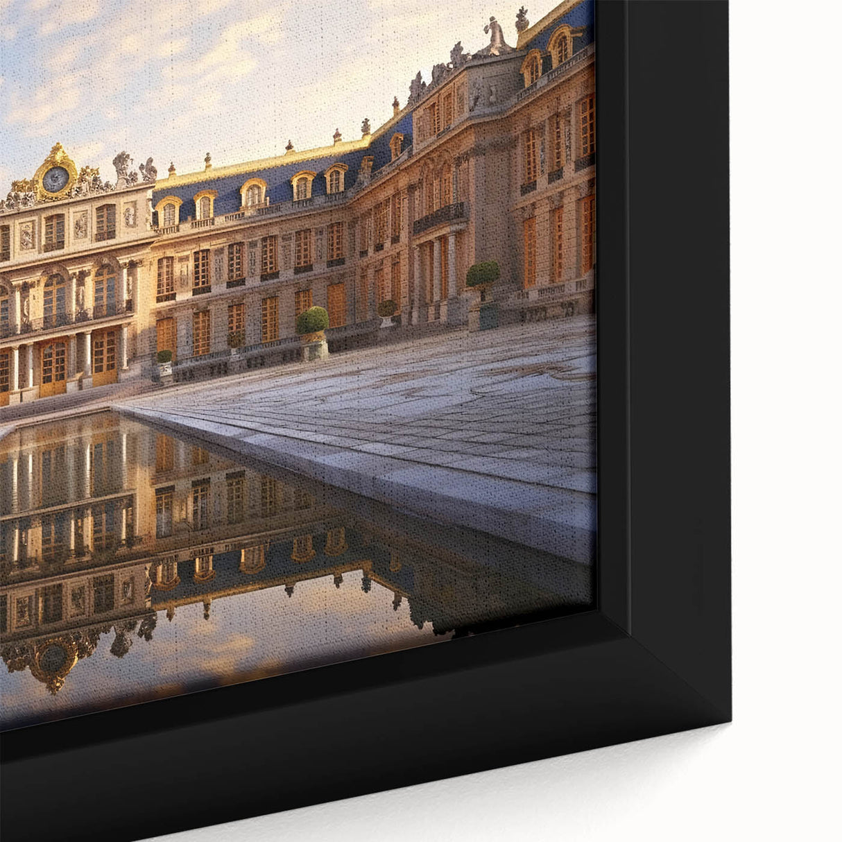 Black wall art depicting the Versailles Palace, featuring vibrant, colorful textures on a framed canvas.