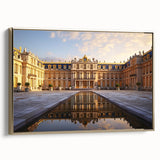Landscape painting of the Versailles gardens on a framed canvas, featuring muted greens and gold tones.
